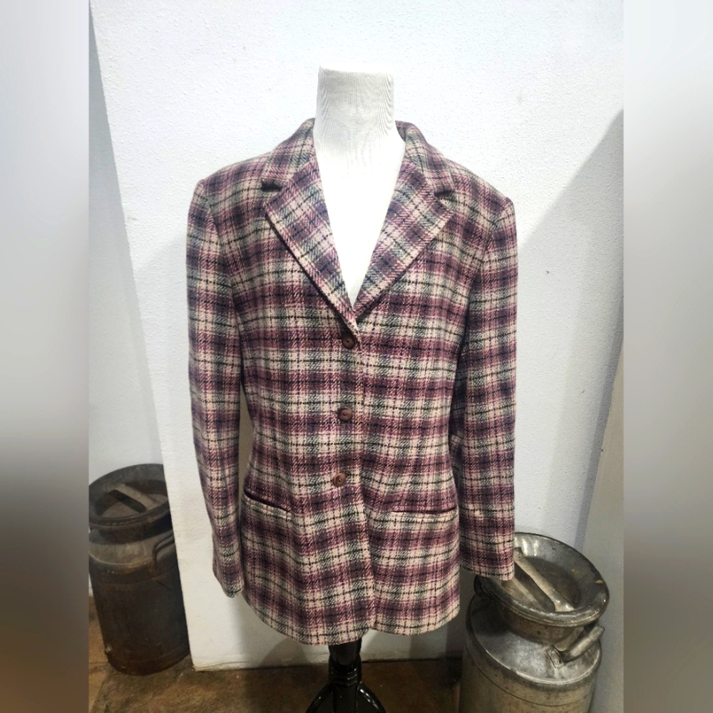 Laura Ashley Wool Plaid Check Lined Button Blazer Jacket Sz 14 Pink Green